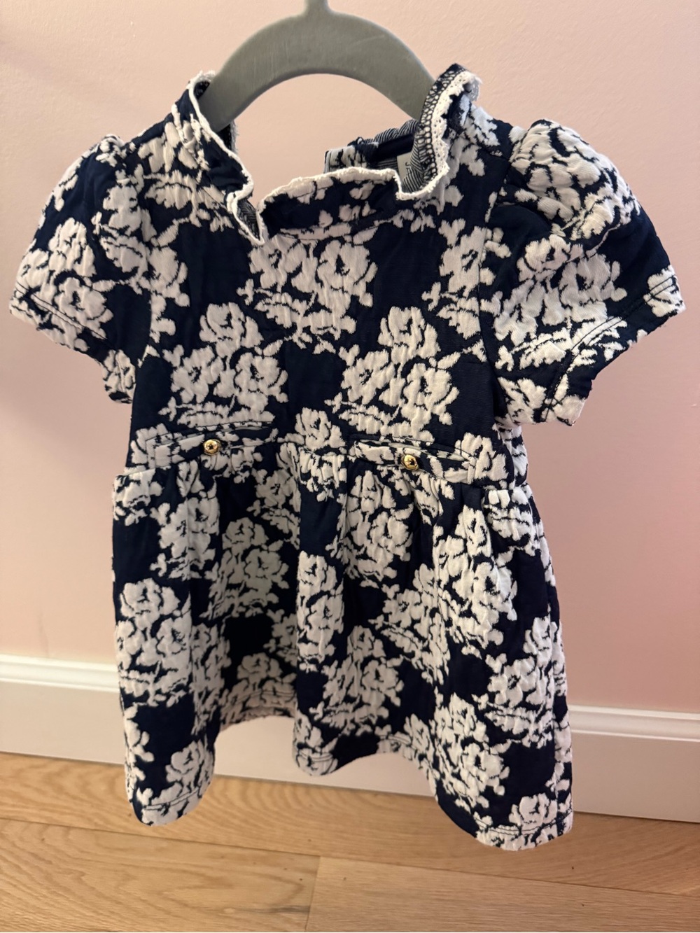 NWT Janie and Jack Navy and White Floral Textured Short-Sleeve Dress
